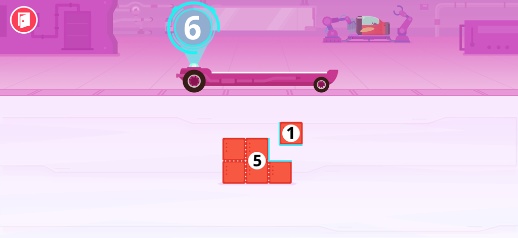 Dinosaur Math - Games for kids - 덧셈을 가르치기 위해 숫자 5와 1이 표시된 빌딩 블록을 보여주는 교육용 수학 게임 화면