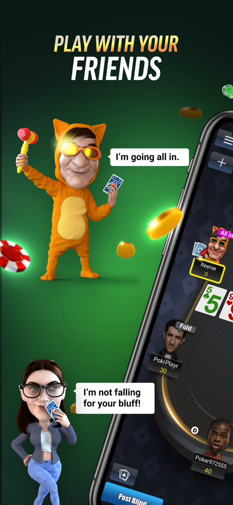 PokerBROS - Your Poker App - PokerBROS app interface showing online poker with friends and social avatars