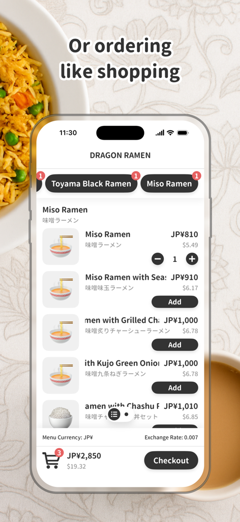 Menuie: AI Menu Translator - Smartphone mostrando la interfaz de pedidos tipo carrito de la aplicación Menuie para un restaurante de ramen en Japón con conversión de moneda de Yenes a USD.