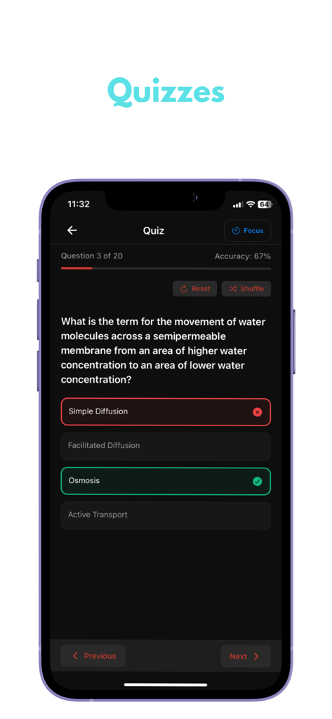Une interface mobile pour StudyTok AI montrant une question de quiz à choix multiples sur la biologie avec les réponses correctes et incorrectes mises en évidence.