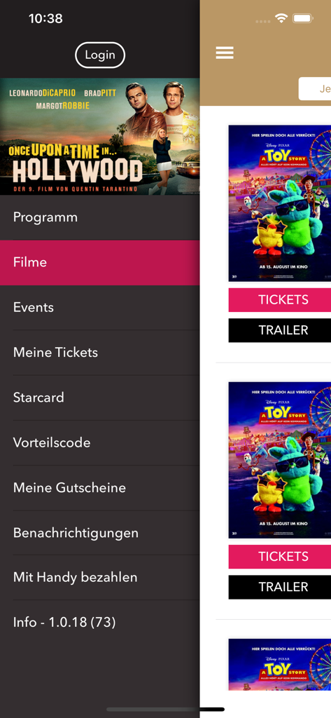 The navigation menu of the Hollywood Megaplex app showing movie listings and ticket options