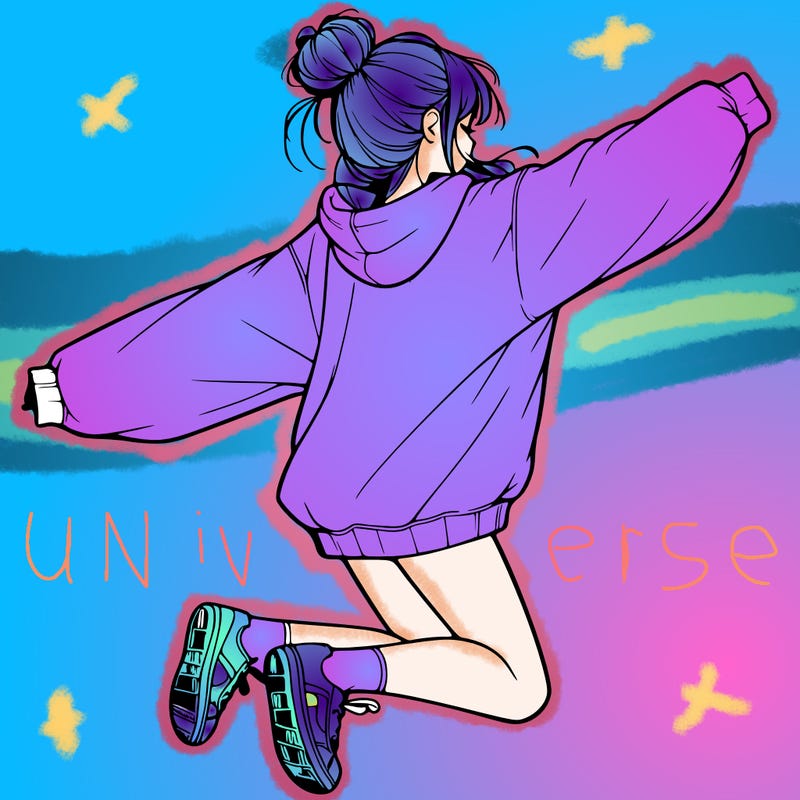 realistic girl jumping with a bun and oversized sweatshirt