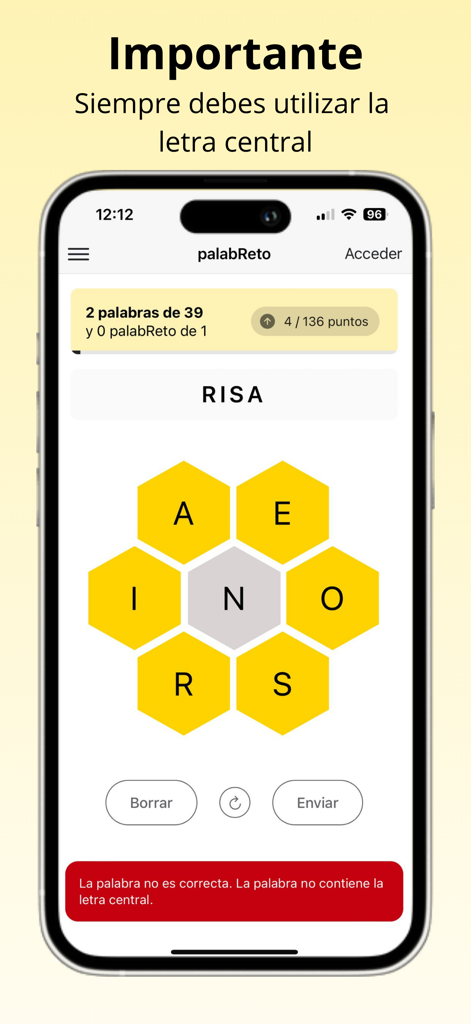 PalabReto - Puzle de palabras - Screenshot mobile del gioco di parole PalabReto che mostra l'alveare di lettere e un promemoria delle regole in spagnolo