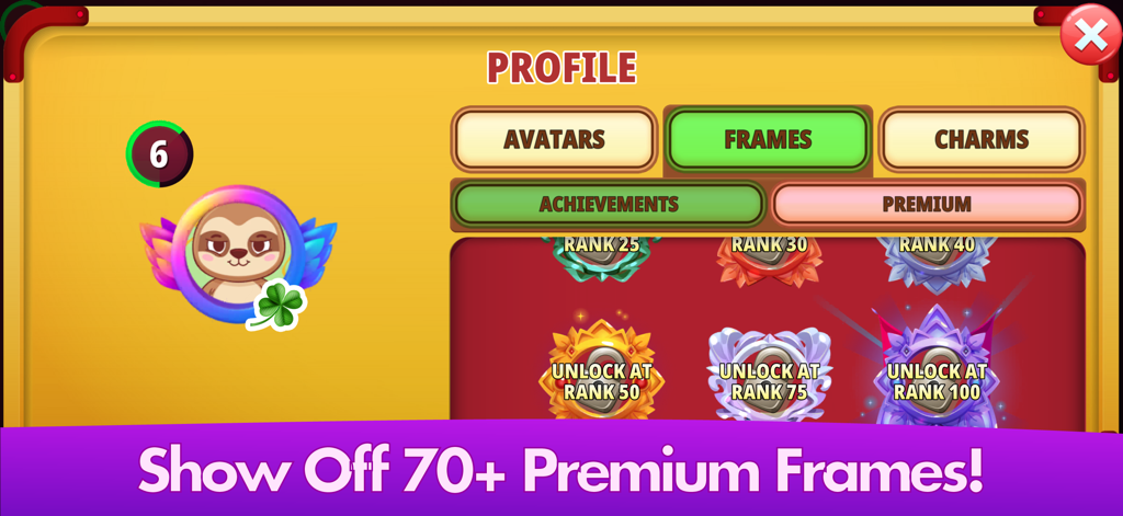 Pantalla de perfil de Bingo Clásico mostrando marcos de avatar premium y logros de rango