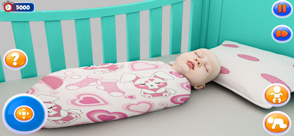Virtuelles Baby schläft in einem Kinderbett mit einem rosa Kaninchen-Muster-Swaddle
