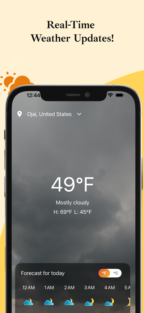 Look Look App - A smartphone display showing the Look Look App interface with real-time weather updates for Ojai featuring a mostly cloudy sky and temperature of 49 degrees