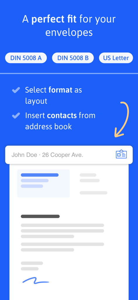 EasyLetter - Send letters - EasyLetter app interface showing letter format options like US Letter and address book contact import for professional layouts