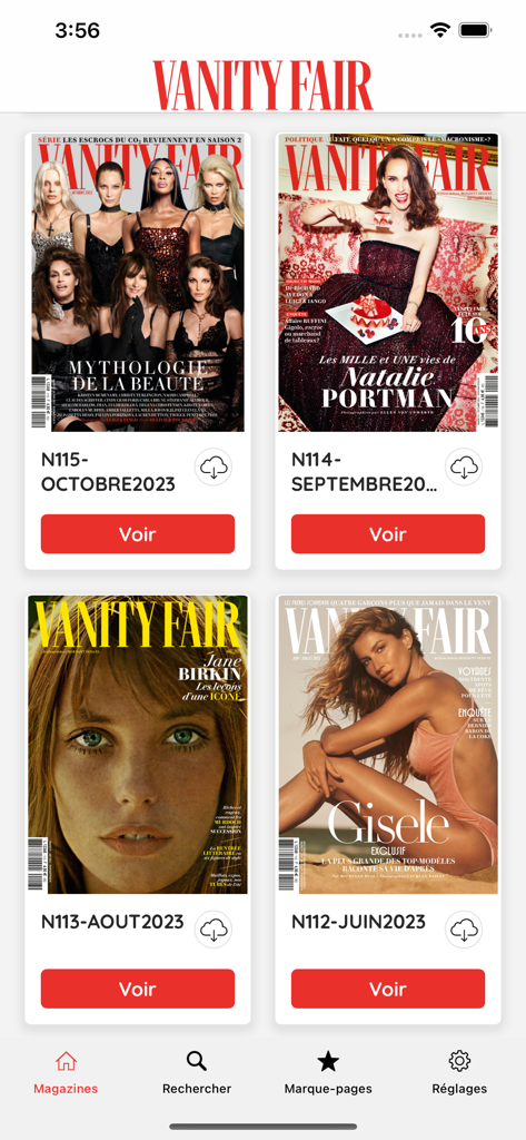 Vanity Fair Magazine France - Digital library interface of the Vanity Fair France app displaying magazine covers featuring Natalie Portman and Jane Birkin
