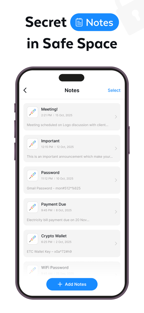 Secure Folder - Private Vault™ - A smartphone display showing a list of private notes including passwords and crypto wallet keys within the Secure Folder app.