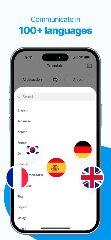 AI Translator: Voice & Photo - Interfaz de la aplicación AI Translator que muestra una lista de idiomas admitidos e iconos de banderas nacionales.