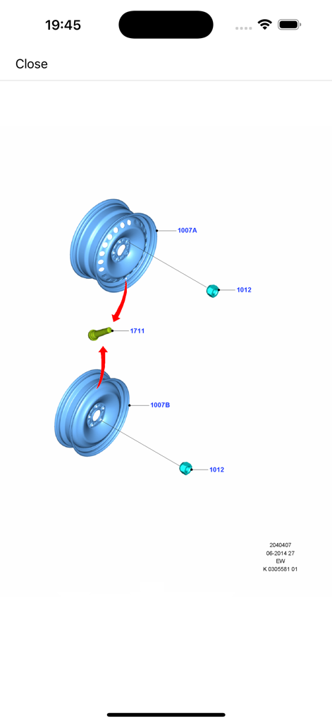 Diagrama técnico 3D de componentes de rueda de coche Ford con números de pieza