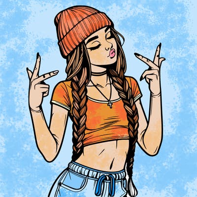 realistic teenage girl with braids and a beanie and crop top doing 🫶🏼