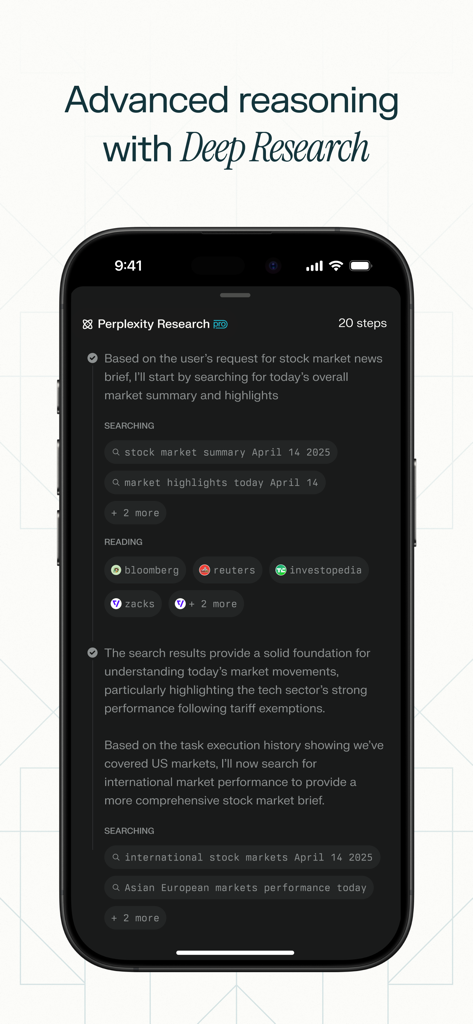Perplexity AI app interface showing advanced reasoning and deep research feature with cited sources