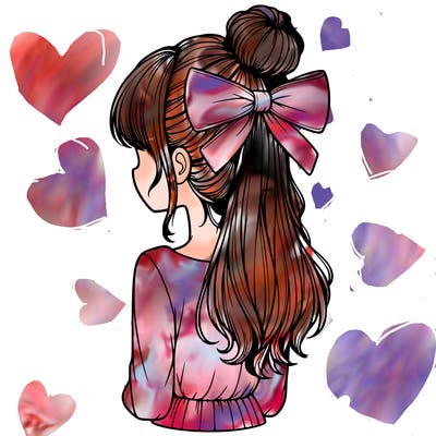realistic girl  with hip length hair a bun and a big bow on the back of head