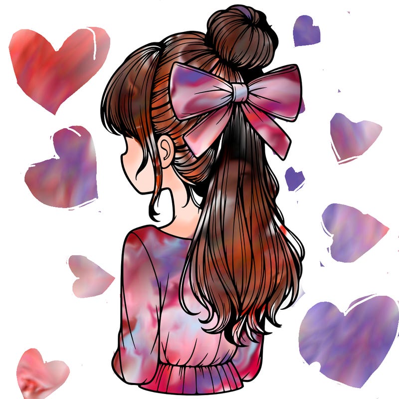realistic girl  with hip length hair a bun and a big bow on the back of head