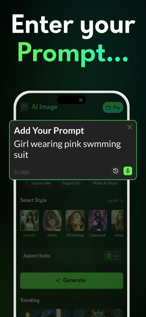 FLUX AI app interface showing a text prompt box and style selection for image generation.