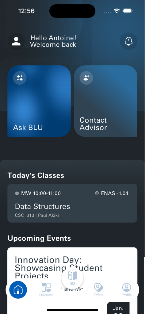 NDU - Mobile dashboard of the NDU app for students showing class schedule and advisor contact options