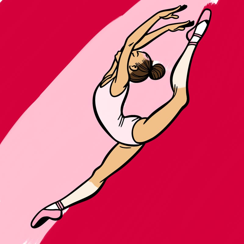 gymnast doing a leap in a leotard with a bent back leg