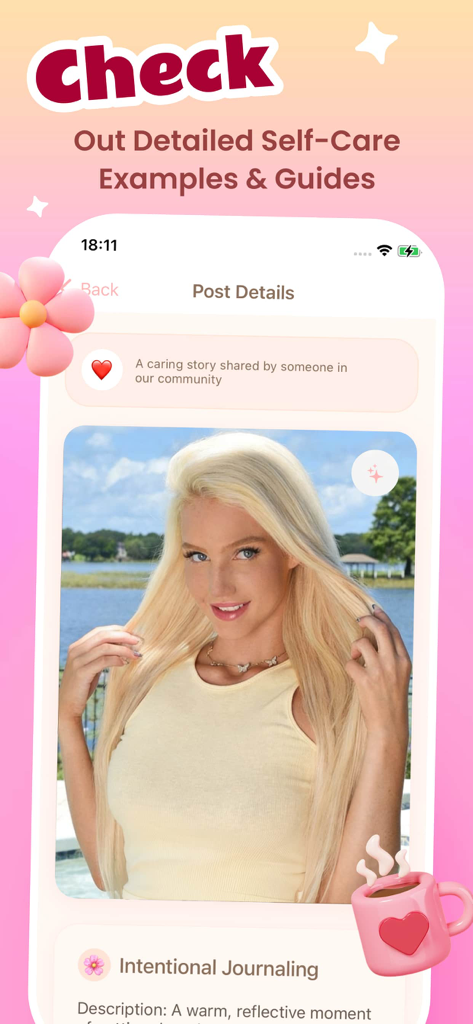 Pilla - Share, Explore - Pilla app interface showcasing a community post and intentional journaling self-care guide.