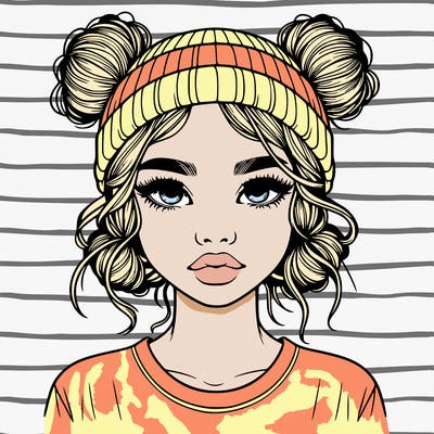 realistic girl with buns in her hair with a beanie on