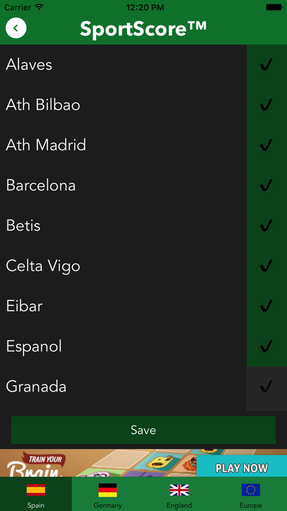 Sport Score App - Sélection des équipes de football espagnoles préférées dans l'application Sport Score