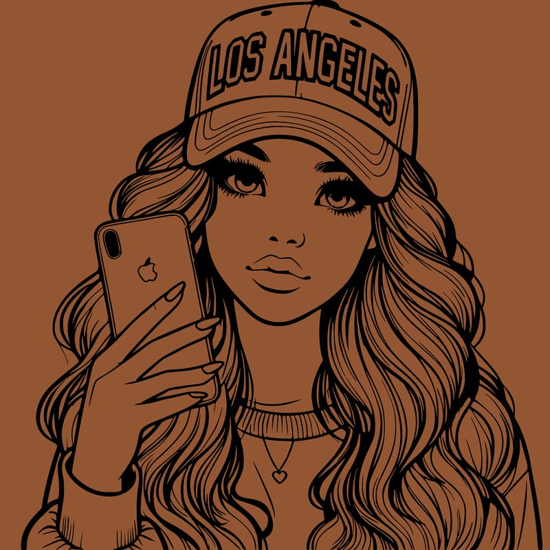 realistic beautiful girl wearing los ángeles cap holding an iphone