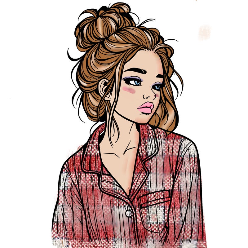 realistic woman with pajamas on and a messy bun