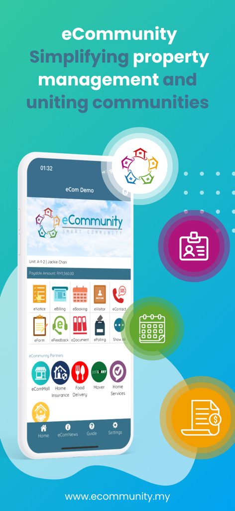 eCommunity - eCommunity mobile app dashboard showing property management and resident services icons