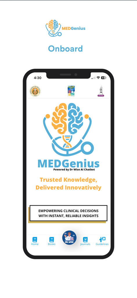 MedGenius: Powered by Dr Wise - Pantalla de incorporación de la aplicación MedGenius con el logo y el eslogan de soporte de decisiones clínicas.