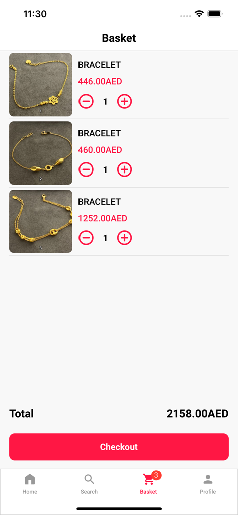 Samer Jewelry - Shopping basket screen of Samer Jewelry app displaying gold bracelets and total price in AED