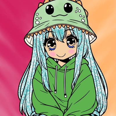 girl with anime shaped eyes with a dinosaur bucket hat oversized sweatshirt long straight hair