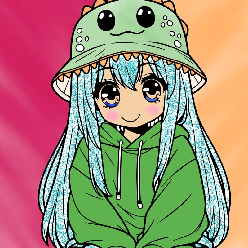 girl with anime shaped eyes with a dinosaur bucket hat oversized sweatshirt long straight hair