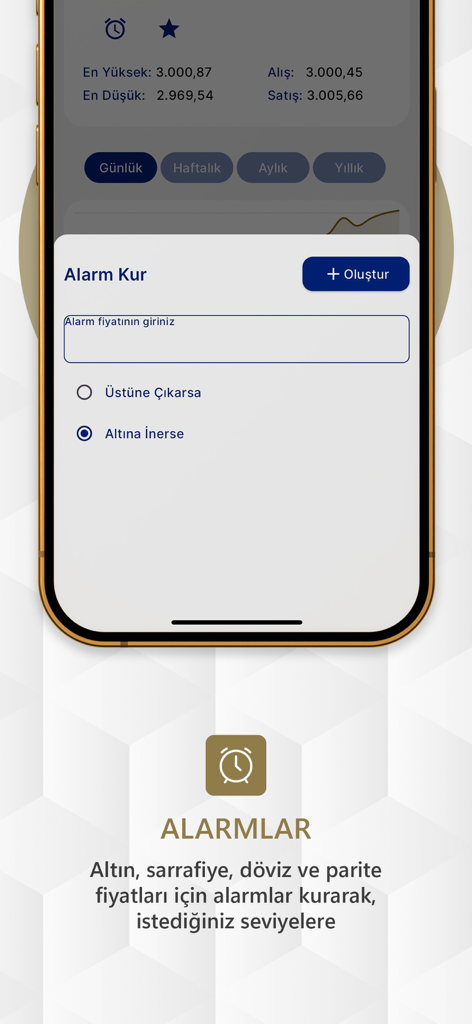 Hakan Altın - 금 및 외환 투자에 대한 가격 알림 설정 방법을 보여주는 Hakan Altin 앱 화면