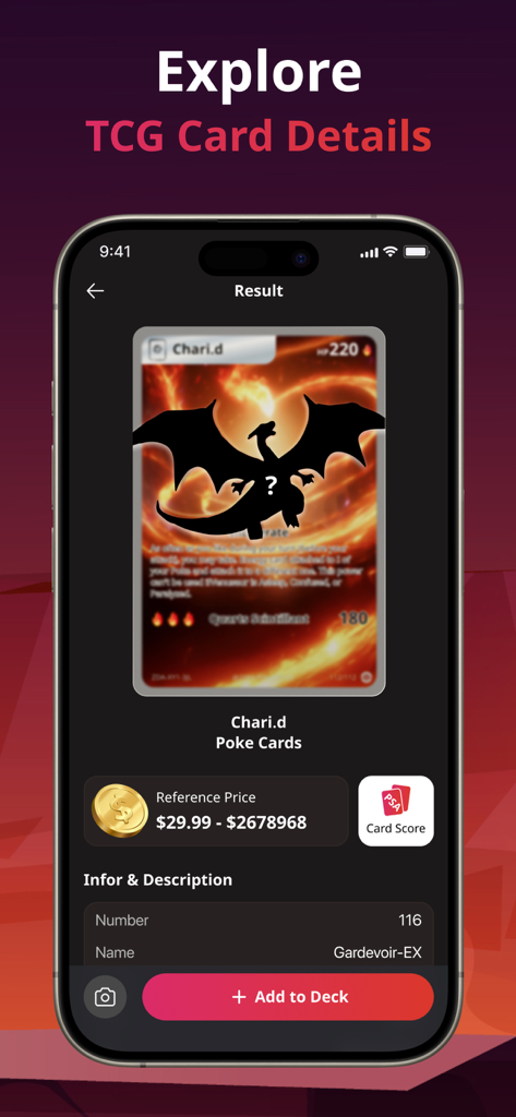 TCG Card Identifier Value - Mobile screen showing price evaluation and details for a scanned trading card