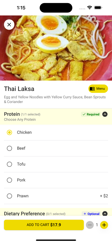 Online Ordering Wrapper - Interfaccia mobile per ordinare un piatto di Laksa tailandese con personalizzazione delle proteine e pulsante aggiungi al carrello
