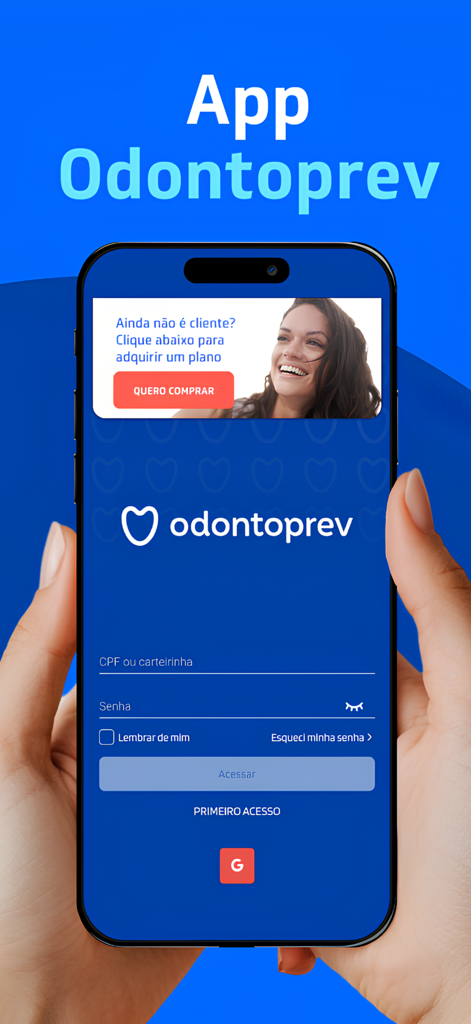 Interfaz de inicio de sesión de la aplicación de salud dental Odontoprev mostrada en un smartphone