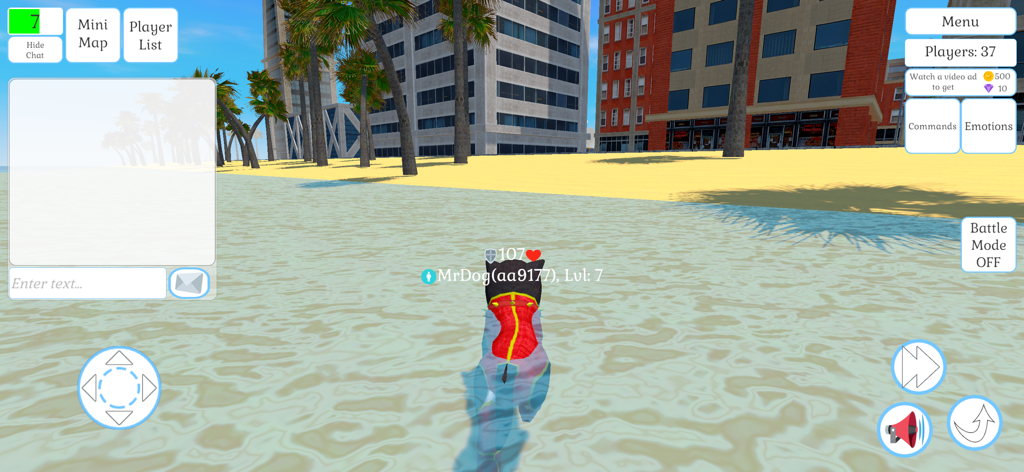 Cute Cat And Puppy World - A customized pet in a superhero costume swimming in the ocean near a city beach in Cute Cat And Puppy World.
