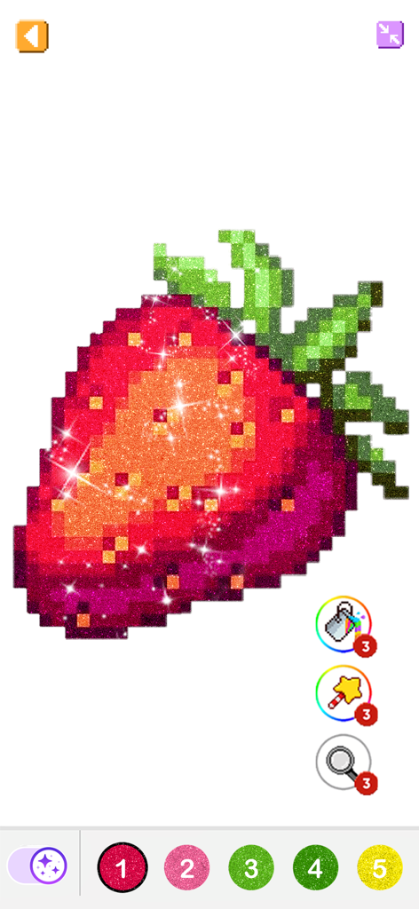 A glittery pixel art strawberry being colored in the Pixel By Number mobile app interface