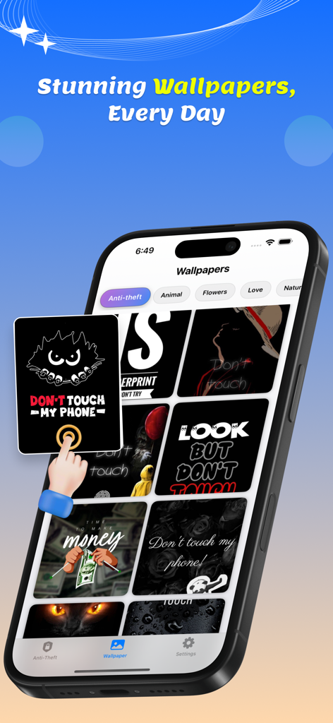 Anti theft : Don't touch phone - A mobile screen showing a gallery of anti-theft lock screen wallpapers with warning text like dont touch my phone