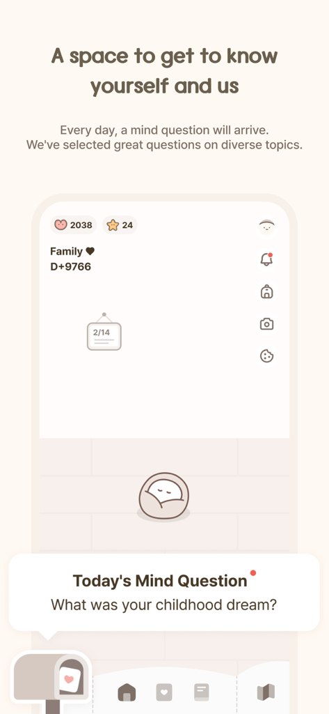 MindBridge App-Oberfläche, die eine tägliche Frage zeigt: Was war dein Kindheitstraum? in einem minimalistischen, gemütlichen Design