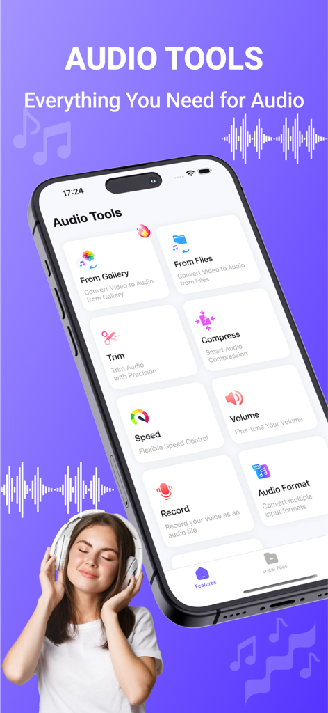 MP3 Converter: Audio Tools - Interface of the MP3 Converter Audio Tools app showing various audio editing features such as trim compress and record