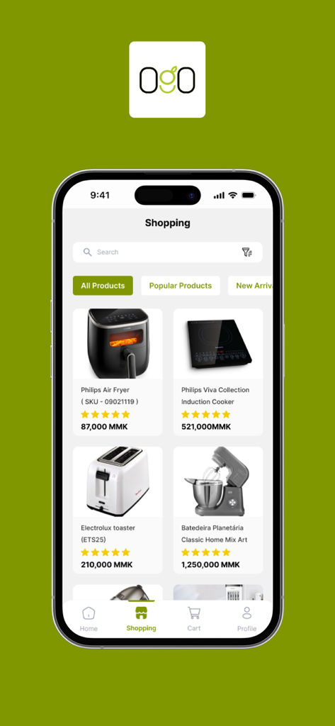 OGO Home - OGO Home 앱 인터페이스, 에어프라이어 및 토스터를 포함한 주방 가전제품 제품 목록을 MMK 가격으로 표시