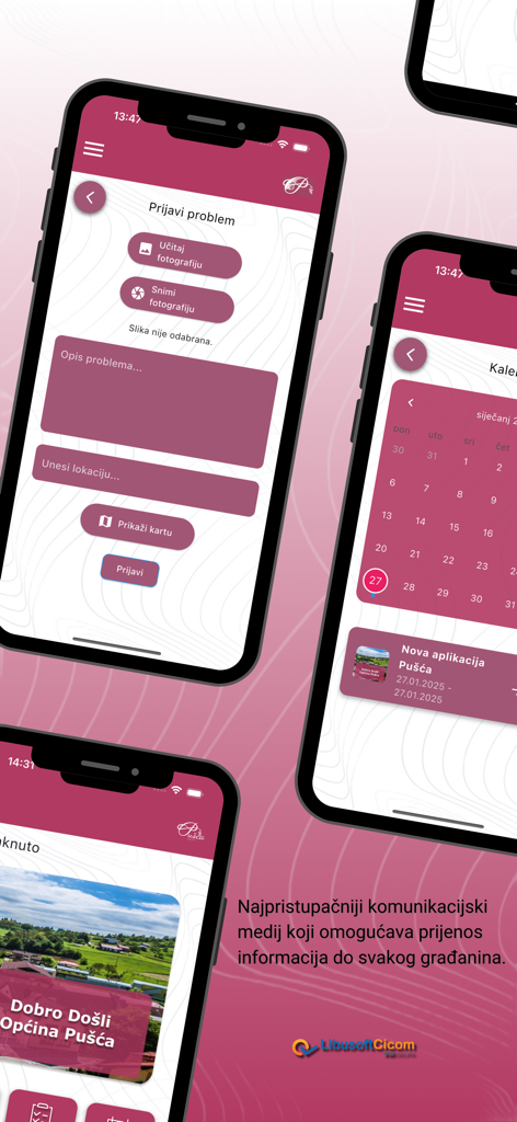 Moja Pušća - Interfaz de la aplicación Moja Pusca con pantallas de reporte de problemas y calendario de eventos.