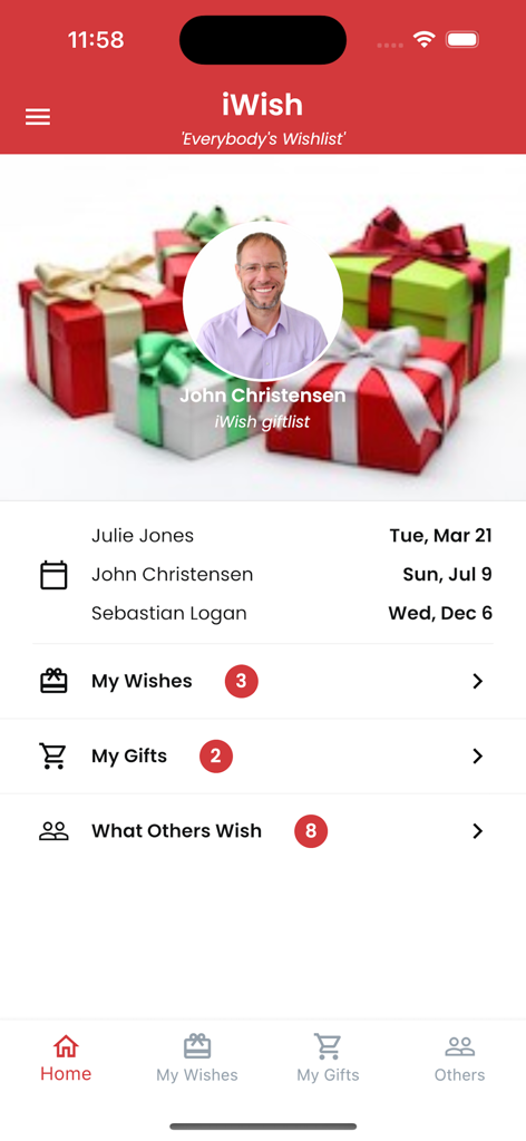 Home screen of the iWish app featuring a profile section and links to personal wishlists and gift tracking