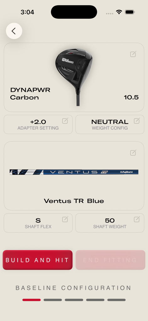 FiT ai: Wilson Club Fitting - Wilson FiT ai app screen displaying the baseline configuration for a golf driver and shaft during a club fitting session