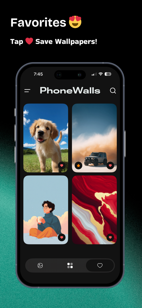 4K Wallpapers - PhoneWalls HD - Función de Favoritos en la aplicación PhoneWalls que muestra fondos de pantalla 4K curados en una pantalla de iPhone