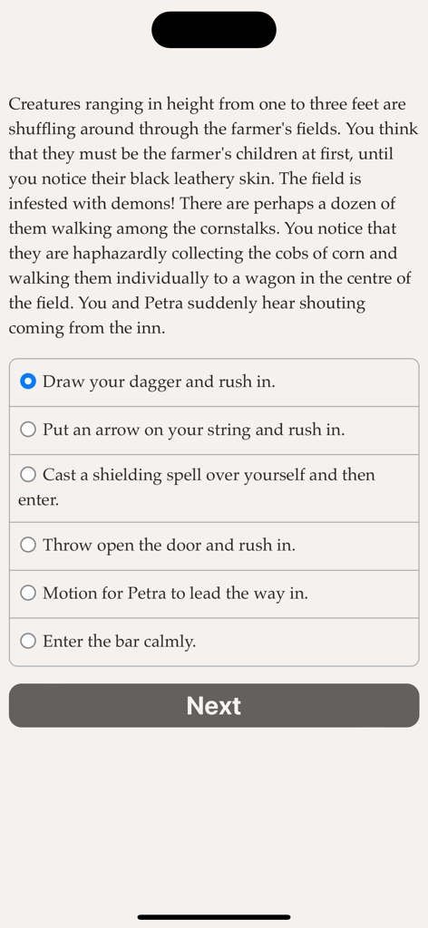 The Lost Heir 2 - A text-based gameplay screen from The Lost Heir 2 showing a narrative scene and multiple-choice options for character actions.