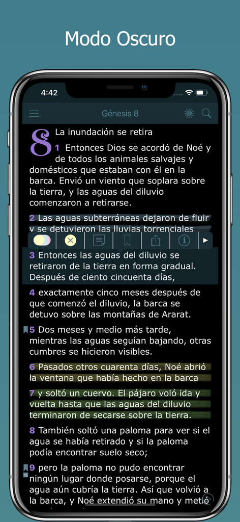 La Biblia NTV en Español Audio - La Biblia NTV app interface showing Bible verses in dark mode on an iPhone.