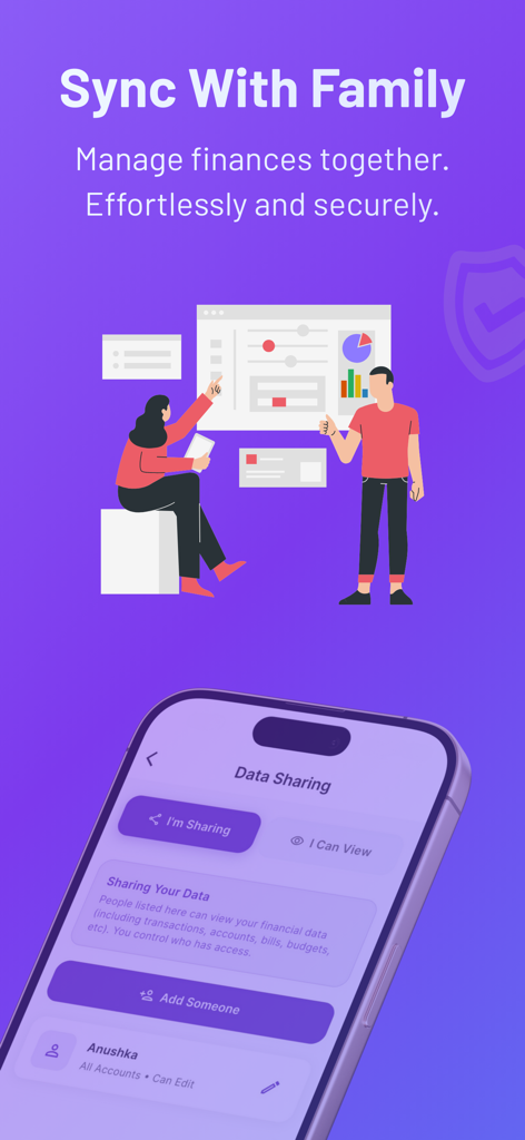 FinArt app feature for syncing with family to manage finances together securely
