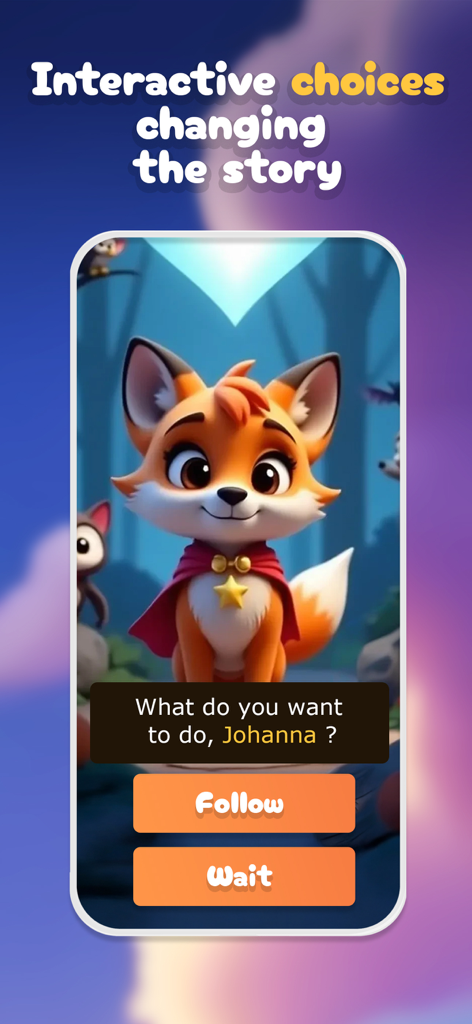 Elección de historia interactiva en la aplicación Lunesia con un personaje de zorro lindo y el nombre personalizado Johanna